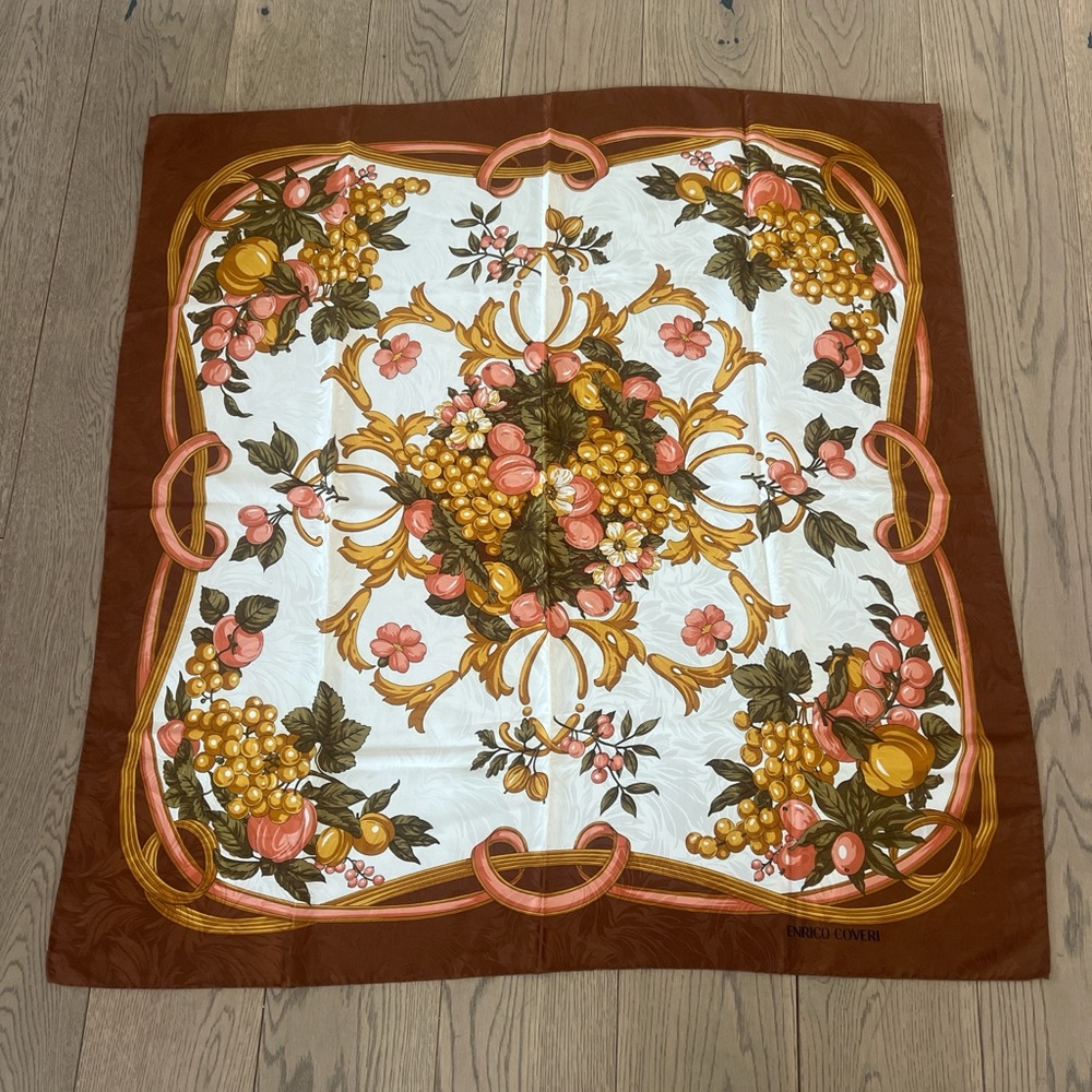 Enrico Coveri Vintage 80s silk scarf fruit design hand rolled edges